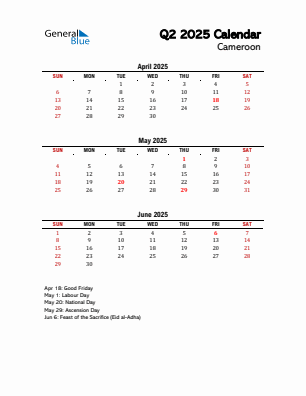 Cameroon Quarter 2 2025 calendar template