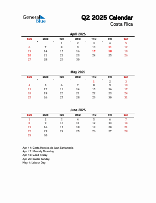 Costa Rica Quarter 2 2025 calendar template