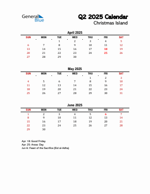 Christmas Island Quarter 2 2025 calendar template