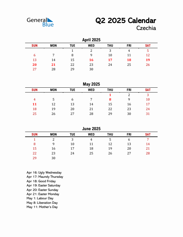 2025 Q2 Calendar with Holidays List for Czechia