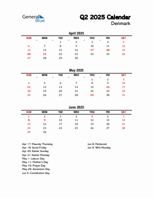 Denmark Quarter 2 2025 calendar template