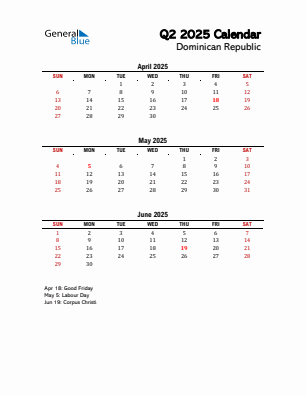 Dominican Republic Quarter 2 2025 calendar template