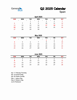 Spain Quarter 2 2025 calendar template