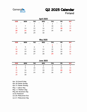 Finland Quarter 2 2025 calendar template
