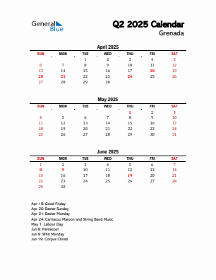 Grenada Quarter 2 2025 calendar template