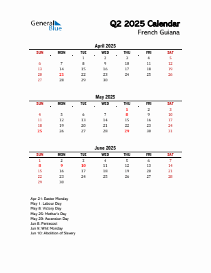 French Guiana Quarter 2 2025 calendar template