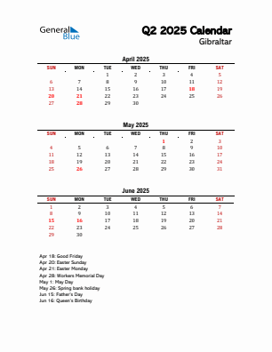 Gibraltar Quarter 2 2025 calendar template