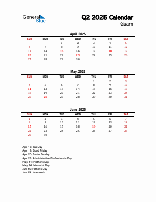 Guam Quarter 2 2025 calendar template
