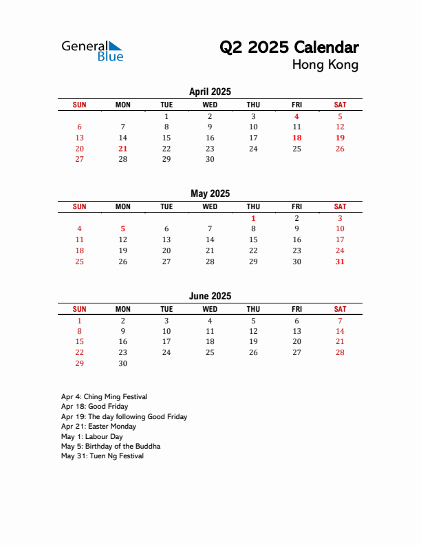 2025 Q2 Calendar with Holidays List for Hong Kong
