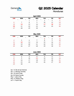 Honduras Quarter 2 2025 calendar template