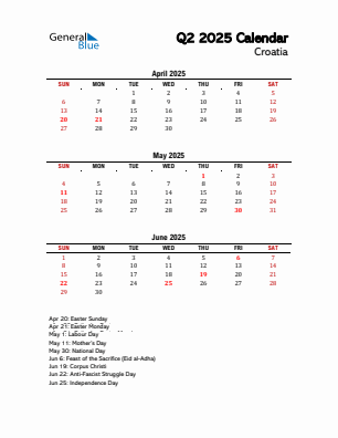 Croatia Quarter 2 2025 calendar template