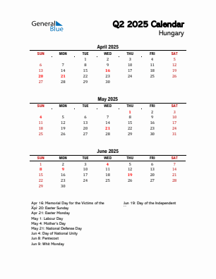 Hungary Quarter 2 2025 calendar template