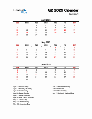 Iceland Quarter 2 2025 calendar template