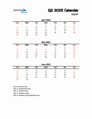Japan Quarter 2 2025 calendar template