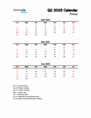 Kenya Quarter 2 2025 calendar template