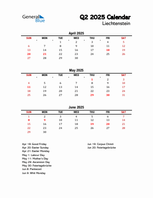 Liechtenstein Quarter 2 2025 calendar template