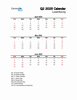Luxembourg Quarter 2 2025 calendar template