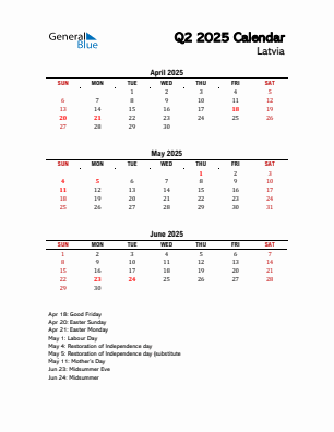 Latvia Quarter 2 2025 calendar template