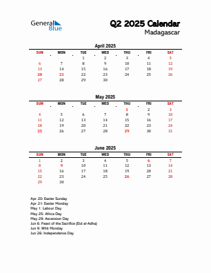 Madagascar Quarter 2 2025 calendar template