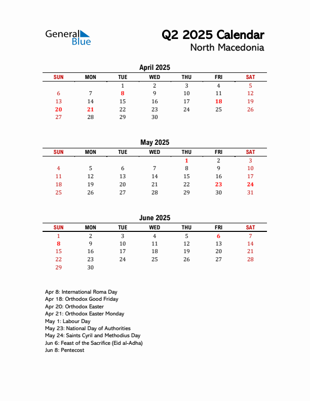 2025 Q2 Calendar with Holidays List for North Macedonia