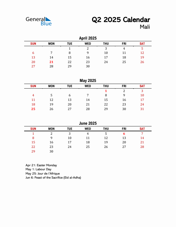 2025 Q2 Calendar with Holidays List for Mali