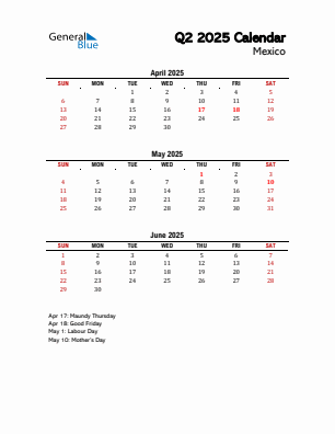 Mexico Quarter 2 2025 calendar template