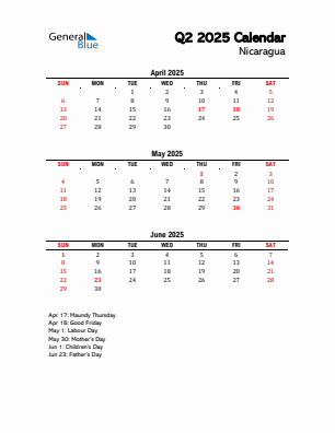 Nicaragua Quarter 2 2025 calendar template
