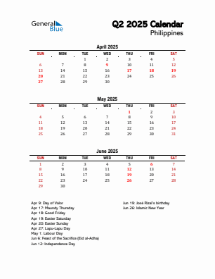 Philippines Quarter 2 2025 calendar template