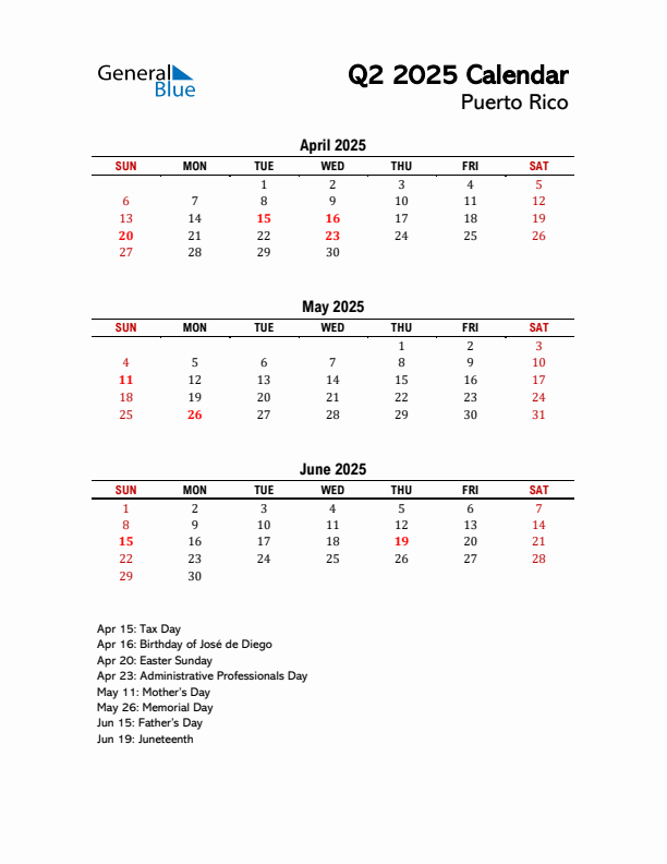 2025 Q2 Calendar with Holidays List for Puerto Rico