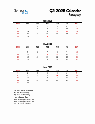 Paraguay Quarter 2 2025 calendar template