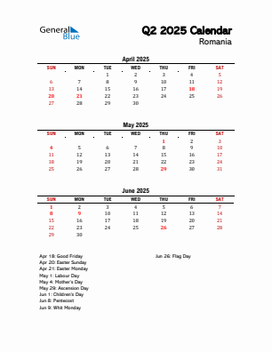 Romania Quarter 2  2025 calendar template
