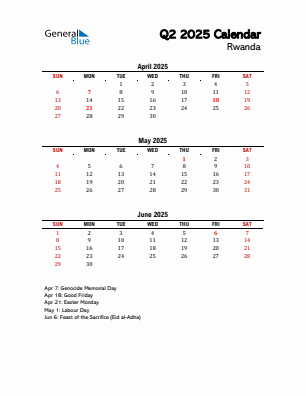 Rwanda Quarter 2 2025 calendar template