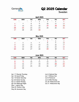 Sweden Quarter 2 2025 calendar template