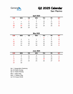 San Marino Quarter 2 2025 calendar template