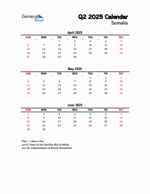 Somalia Quarter 2 2025 calendar template