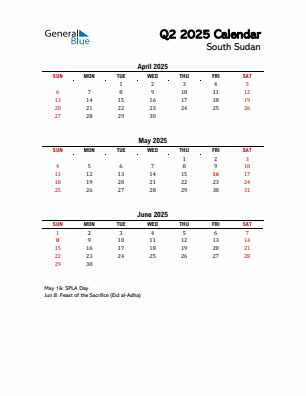 South Sudan Quarter 2 2025 calendar template