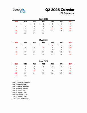 El Salvador Quarter 2 2025 calendar template