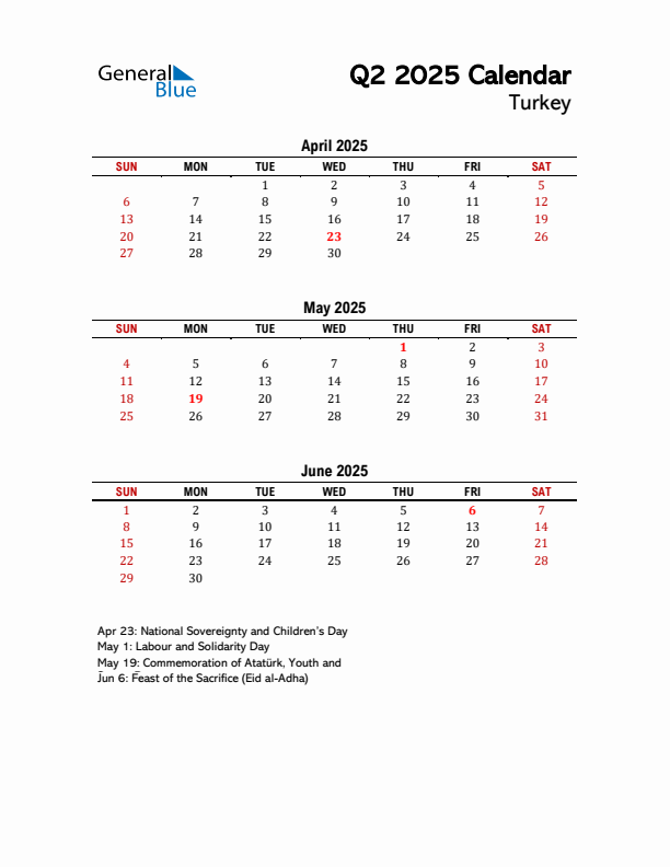 2025 Q2 Calendar with Holidays List for Turkey