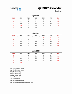 Ukraine Quarter 2 2025 calendar template