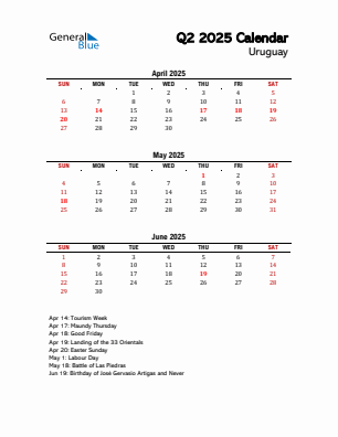 Uruguay Quarter 2 2025 calendar template