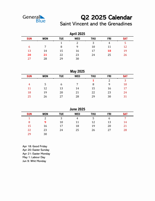 2025 Q2 Calendar with Holidays List for Saint Vincent and the Grenadines