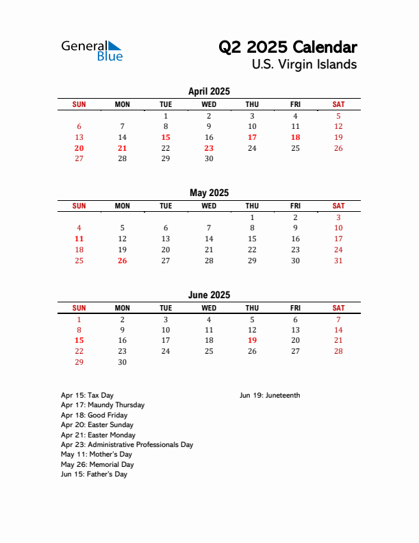 2025 Q2 Calendar with Holidays List for U.S. Virgin Islands