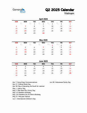 Vietnam Quarter 2 2025 calendar template