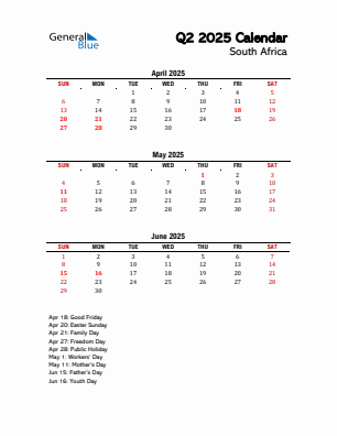 South Africa Quarter 2 2025 calendar template