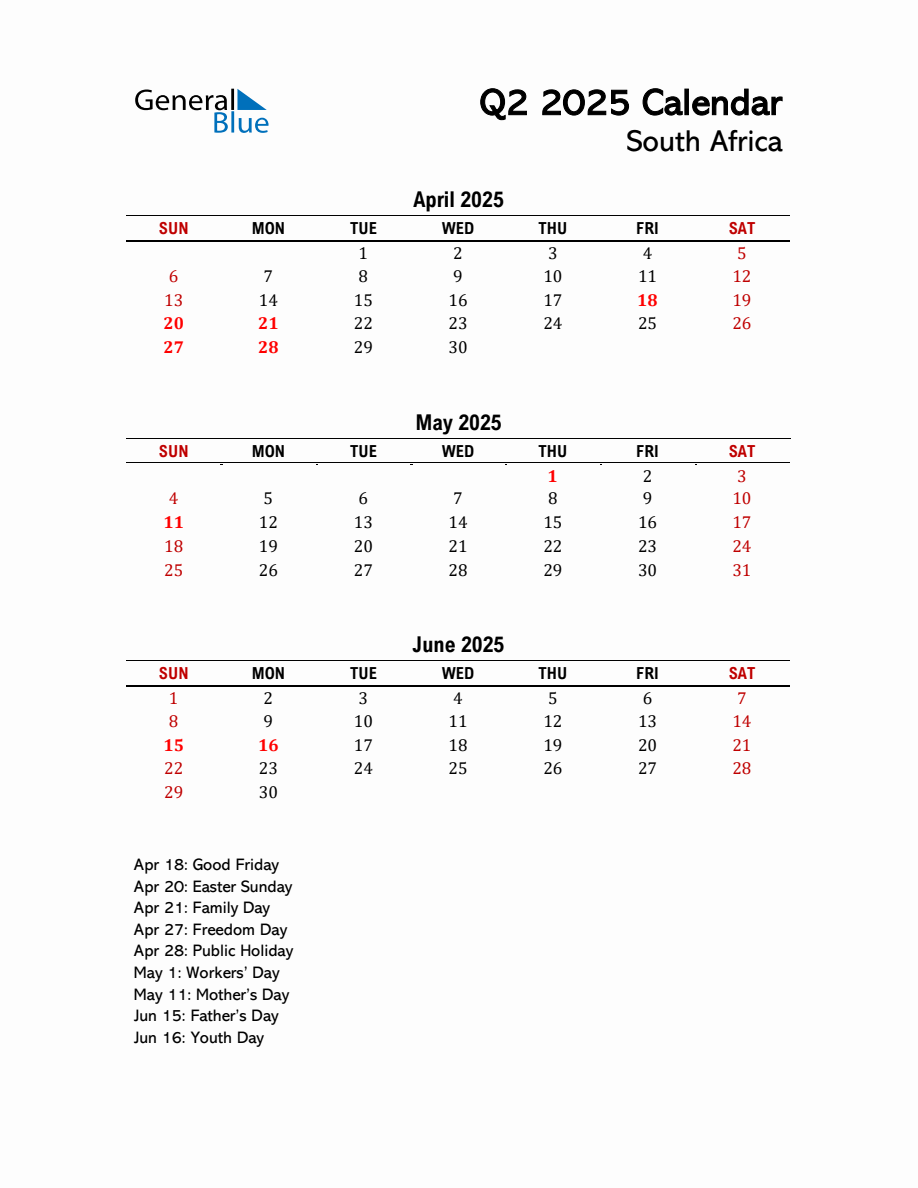 2025 Q2 Calendar with Holidays List for South Africa