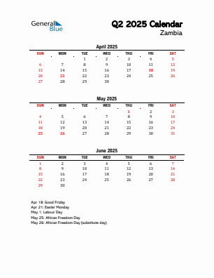 Zambia Quarter 2 2025 calendar template