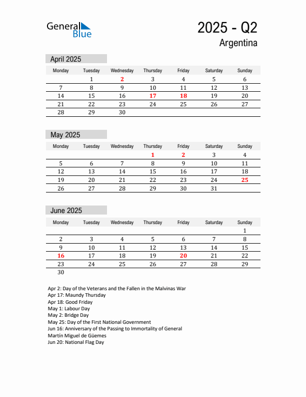 Argentina Quarter 2 2025 Calendar with Holidays