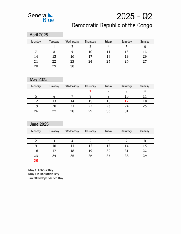 Democratic Republic of the Congo Quarter 2 2025 Calendar with Holidays