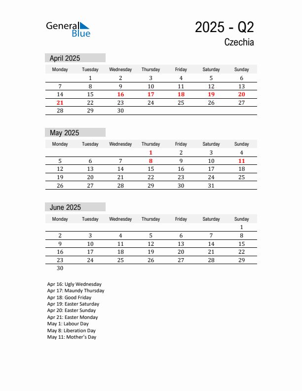Czechia Quarter 2 2025 Calendar with Holidays