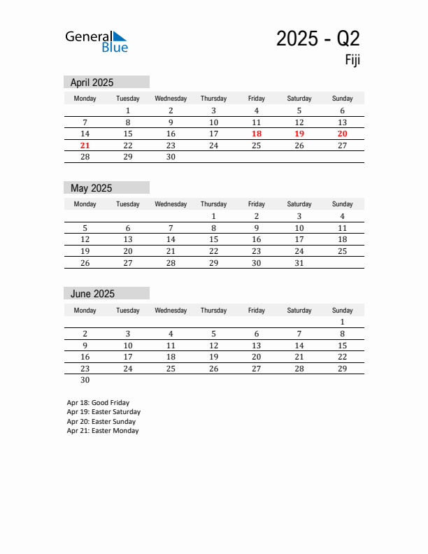 Fiji Quarter 2 2025 Calendar with Holidays
